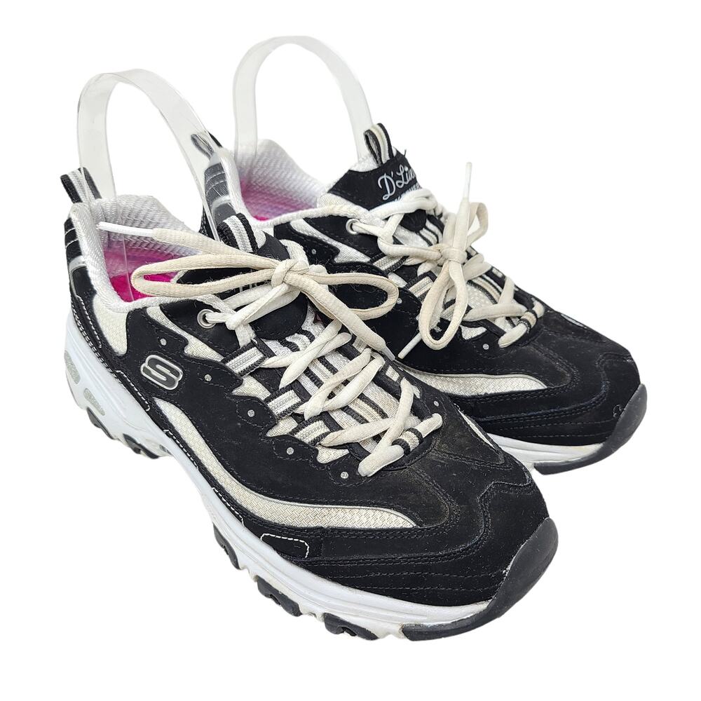 Skechers Womens D Lites 11930 Black White Leather Lace Up Running Shoes 8.5 Wide